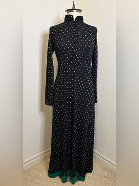 BLACK POLKA DOT Long Sleeve Midi Dress Mock Neck Retro Chic SIZE 10